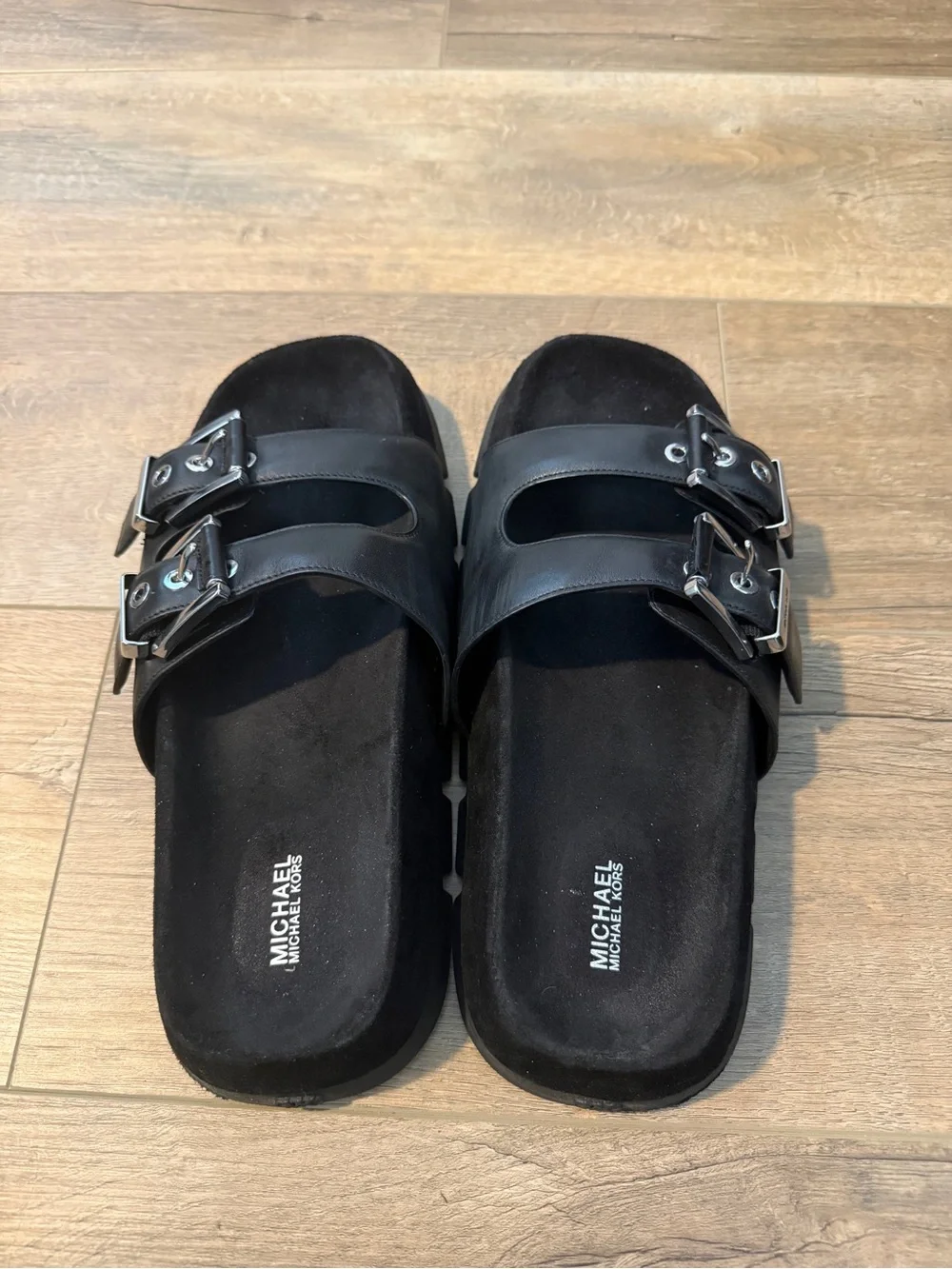 Michael Kors Black Leather Double Buckle Slides, Size 10 - Picture 2 of 4